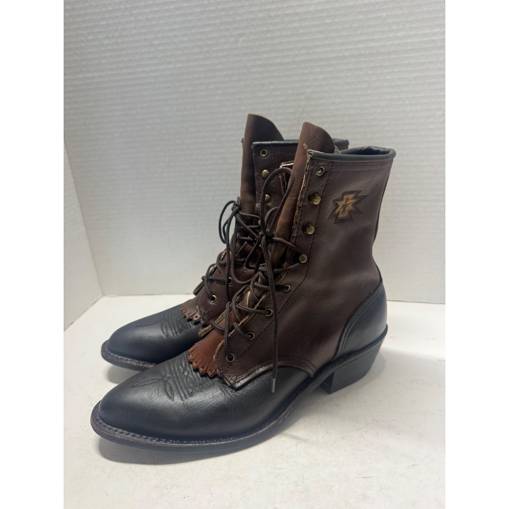 Vintage Abilene USA Made Brown Black Leather Lace Up Packer Boots Kiltie 8 M